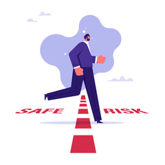 Start in safe zone move to risk zone concept, business man walking cross the line