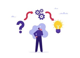 Thinking or problem solving process concept , solution to solve problem, asking question and answer, businessman think of solution to solve problem