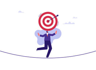 Uncertain or ambiguous business goal concept, hesitation in business decision or career path, businessman try to maintain target on his head