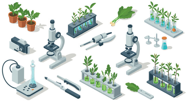 Isometric laboratory equipment with plants and microscopes for scientific res…