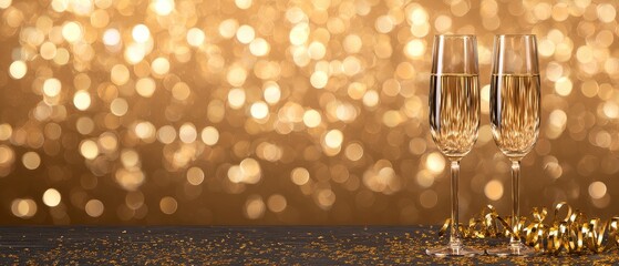 Elegant new year celebration with gold bokeh champagne glasses and glamorous party sparkle in luxury background