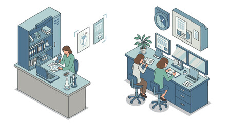 Naklejka premium Isometric office and laboratory scene with professionals conducting research