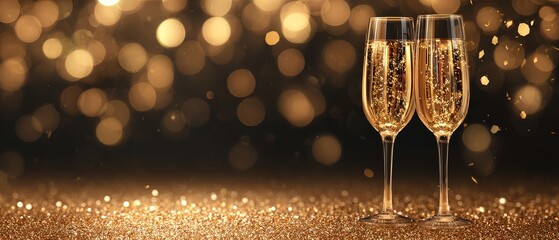 Elegant new year celebration with champagne glasses luxury background gold bokeh festive lights and glamorous decorations