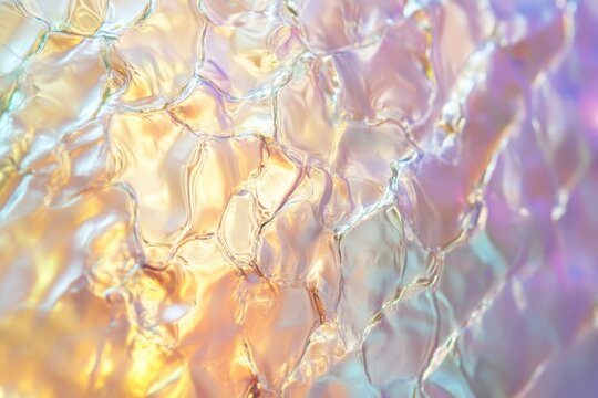 Close-up of iridescent mother-of-pearl texture with layered nacre structure in pastel tones. Macro shot. Natural shell surface detail. Design for wallpaper, print, poster and background