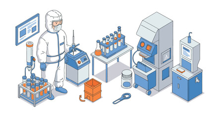 Isometric laboratory equipment with scientist in protective suit