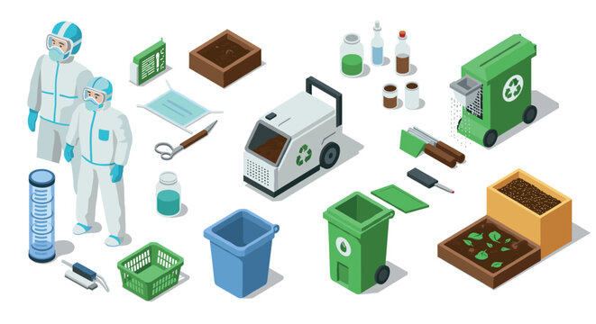 Isometric recycling and composting tools with protective gear