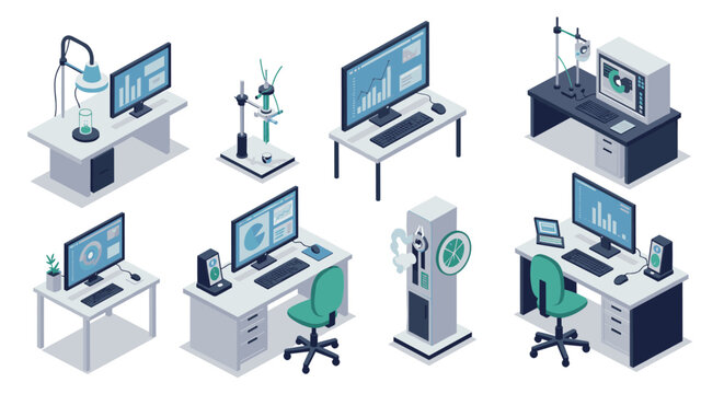 Modern isometric workspace with computer desks and lab equipment