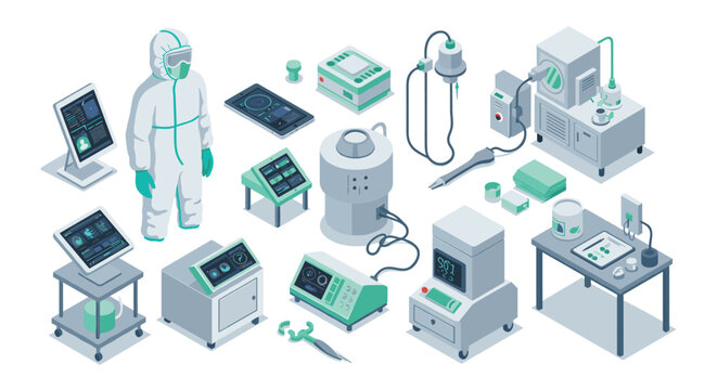 Laboratory equipment and scientist in protective gear in isometric style - Powered by Adobe