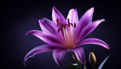 Naklejka premium Vibrant Purple Lily Blooming Against A Dark Backdrop Reveals Natural Beauty And Elegance