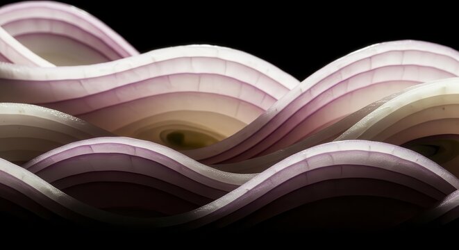 Abstract Waves: Sliced Red Onion Composition Over a Black Background