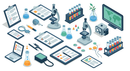 Isometric science lab equipment in blue and gray theme for educational and re…