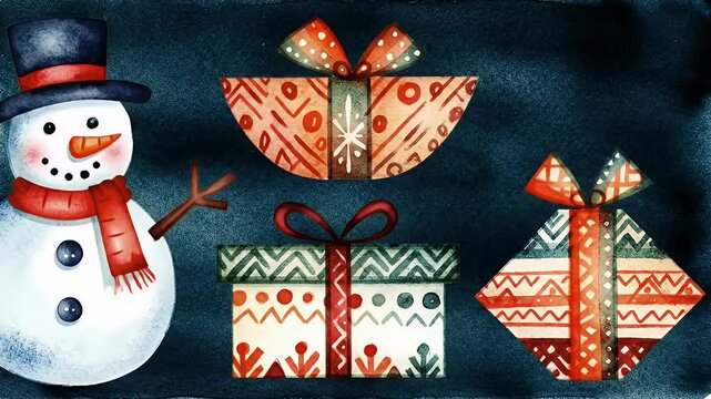 Festive Watercolor Illustration of Snowmen and Christmas Gifts for Holiday Season