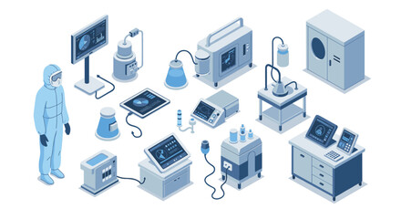 Isometric laboratory equipment and scientist in protective gear on white back…