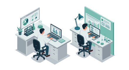 Obraz premium Isometric laboratory and office workspace with scientists analyzing data