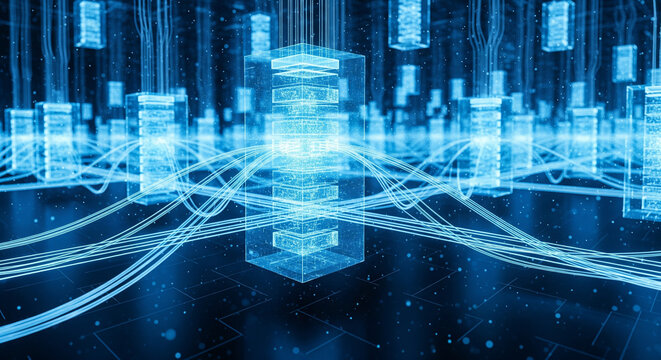 Abstract Digital Data Cubes Network Connection Technology Concept Futuristic Data Structure and Information System Visualization High Tech Data Processing and Cloud Computing