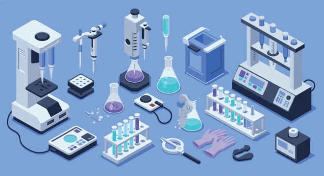 Modern isometric laboratory equipment on blue background for scientific research