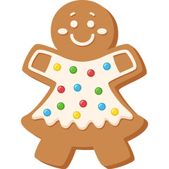 Gingerbread woman cookie character with colorful candy buttons and white icing dress isolated on transparent background