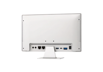 White computer monitor back view showing multiple ports including ethernet USB connections, isolated on a transparent background