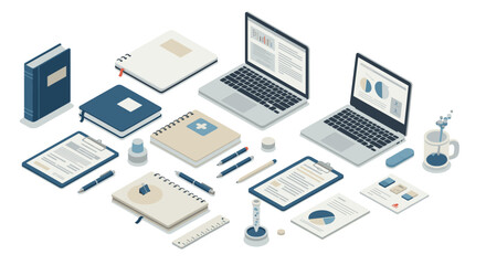 Modern office workspace with laptops, notebooks, and stationery in isometric…