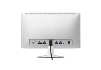 White computer monitor rear view displaying various connection ports and ventilation grille, isolated on a transparent background