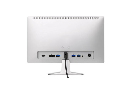White computer monitor rear view displaying various connection ports and ventilation grille, isolated on a transparent background