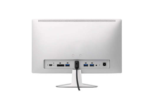 White computer monitor rear view displaying various connection ports and ventilation grille, isolated on a transparent background - Powered by Adobe