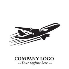 Plane Flying Fast Logo Symbol in Black on the White Background with Dynamic Aviation Design