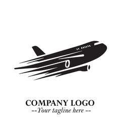 Plane Flying Fast Logo Symbol in Black on the White Background with Dynamic Aviation Design
