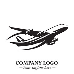 Plane Flying Fast Logo Symbol in Black on the White Background with Dynamic Aviation Design