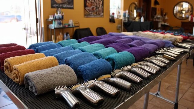 Medium shot of an indoor grooming station being organized with brushes clippers and towels arranged neatly on a countertop in a bright clean room.