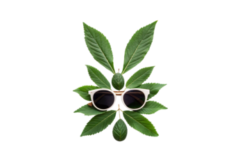 Cannabis leaves arranged in circular pattern with white sunglasses placed in center creating face, isolated on a transparent background