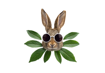 Rabbit wearing round white sunglasses surrounded by green leaves arranged in radial star pattern frame, isolated on a transparent background