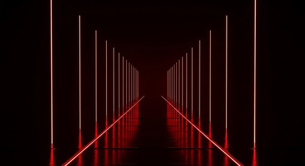Dynamic perspective of vibrant red neon light lines illuminating a dark, mysterious digital corridor
