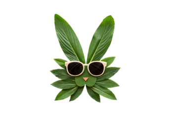 Green leaves arranged radially with white sunglasses and small orange triangle forming cute character face, isolated on a transparent background