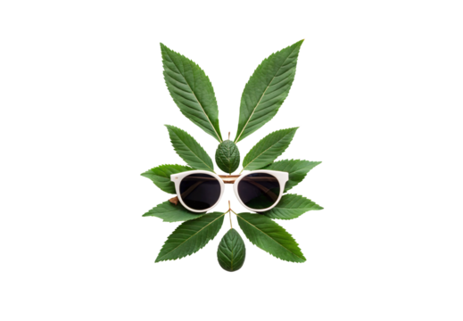 Cannabis leaves arranged in circular pattern with white sunglasses placed in center creating face, isolated on a transparent background