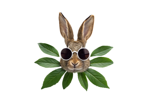 Rabbit wearing round white sunglasses surrounded by green leaves arranged in radial star pattern frame, isolated on a transparent background
