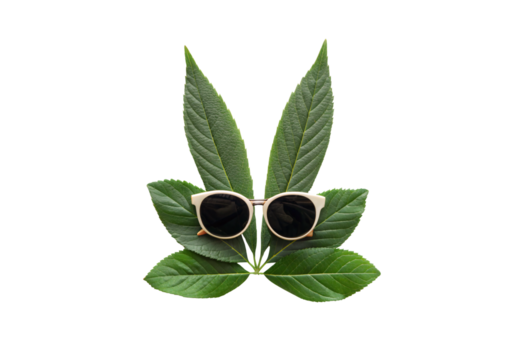 Cannabis leaf with white sunglasses positioned in center creating minimalist face against green foliage backdrop, isolated on a transparent background