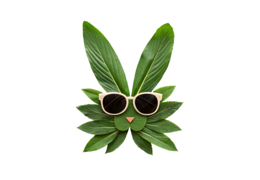 Green leaves arranged radially with white sunglasses and small orange triangle forming cute character face, isolated on a transparent background - Powered by Adobe
