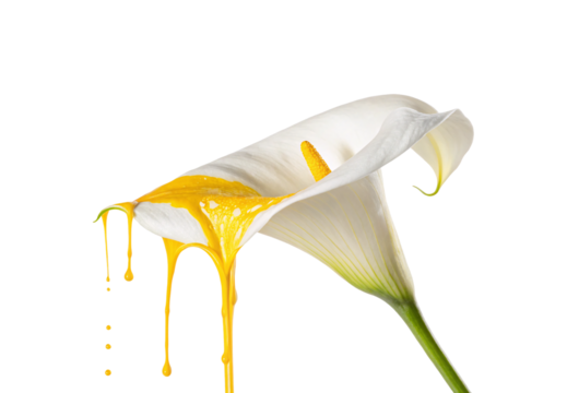 White calla lily flower with yellow paint dripping down from petal creating artistic liquid effect, isolated on a transparent background