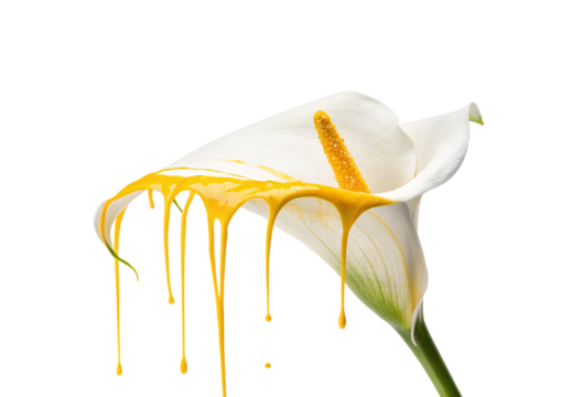 Calla lily flower with generous amount of yellow paint flowing down white petals in streams, isolated on a transparent background