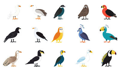 Naklejka premium Flat minimalist vector illustration of diverse bird species icons including gull, crow, owl, toucan, peacock, falcon, puffin with colorful clean design on white background