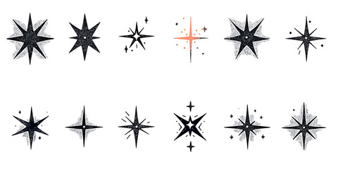 Set of twelve hand drawn decorative star shapes with sparkles and glitter accents, black and orange minimalistic line art vector design elements for festive and magical themes