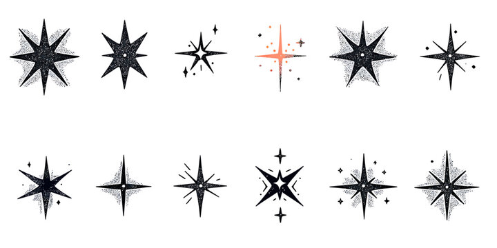 Set of twelve hand drawn decorative star shapes with sparkles and glitter accents, black and orange minimalistic line art vector design elements for festive and magical themes