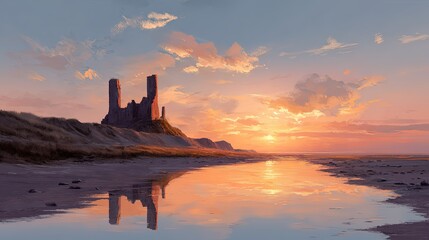 Ruined castle atop a grassy hill overlooking a calm sea reflecting a vibrant sunset with dramatic clouds