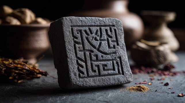 Ancient stone tablet with intricate carvings set against a backdrop of pottery and dried herbs highlighting historical artifacts and cultural heritage