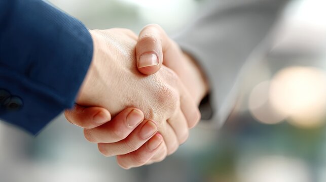 Close up of two hands in a firm handshake symbolizing agreement and partnership between business professionals wearing suits