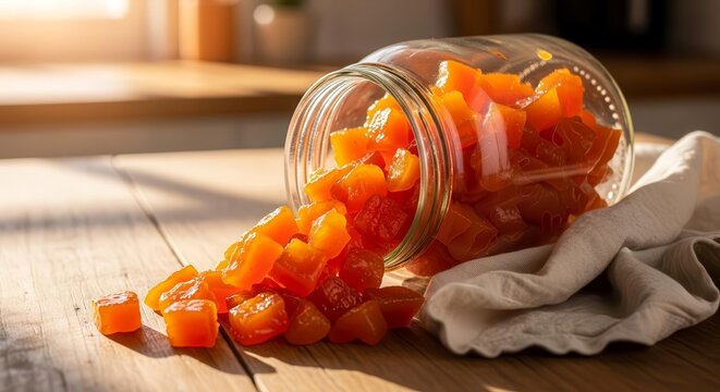 Amber-Hued Delights: Cubed Candied Fruit Cascade From Glass Jar On Wooden Surface