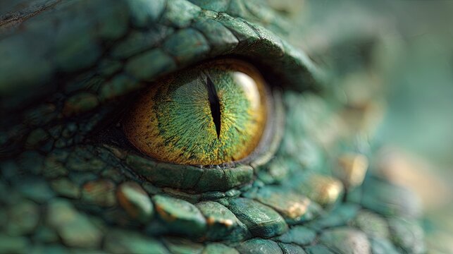 Extreme close up of a detailed green reptilian eye with golden iris and vertical pupil surrounded by textured scales - Powered by Adobe