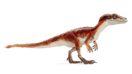 Naklejka premium Detailed realistic illustration of a velociraptor dinosaur with textured feathers and scales isolated on a white background
