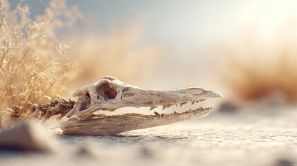 Detailed alligator skull and skeletal remains resting on sand with dry grass and soft bokeh background